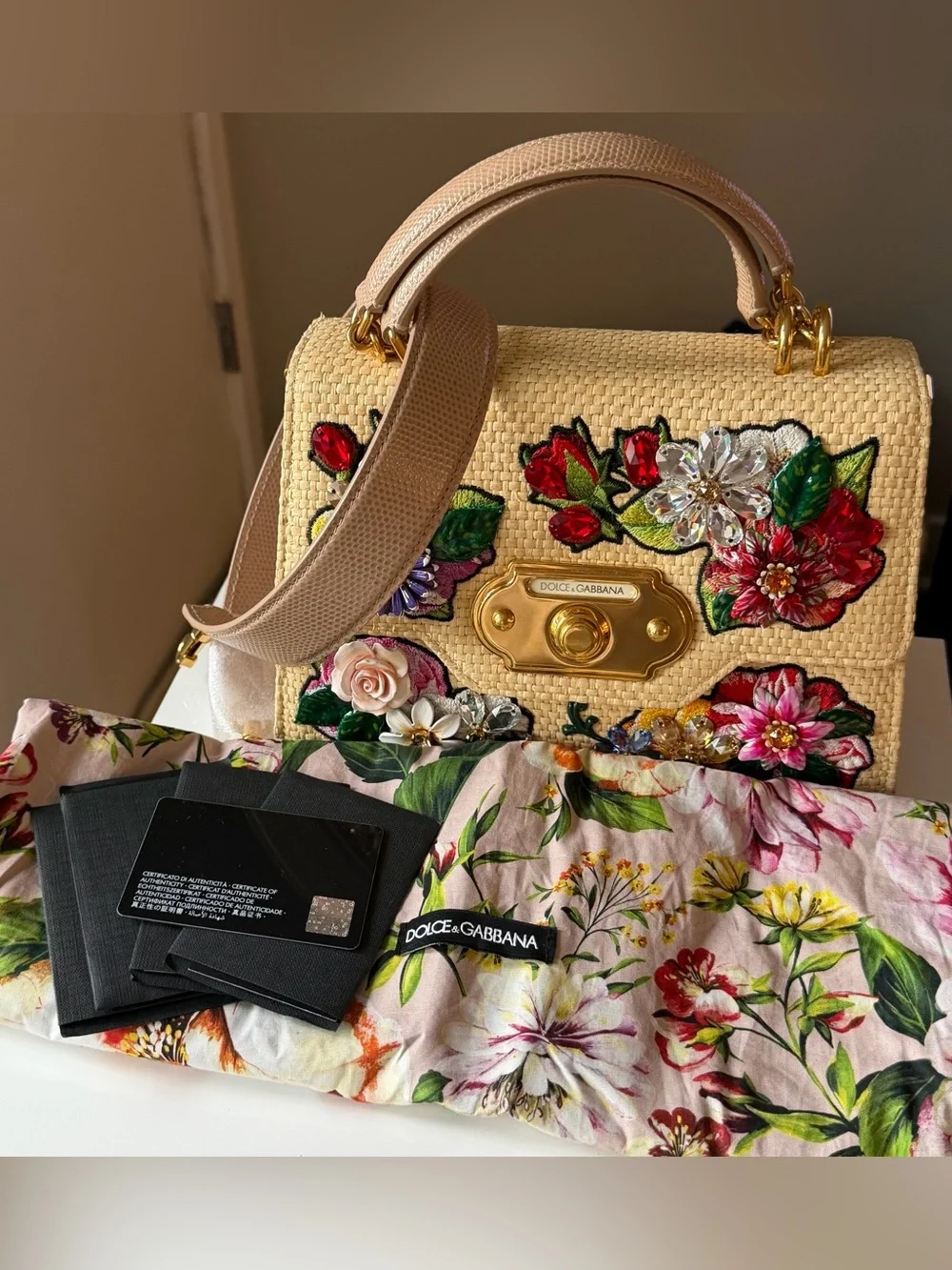 Dolce & Gabbana Welcome Raffia Floral Crystal Jewel Handbag